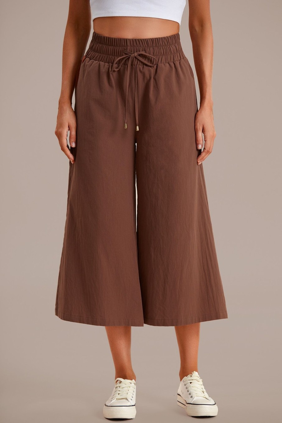 Clearance Drawstring Waist Wide Leg Pants Brown