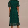 Hot Dark Floral Lace Short Sleeve Round Neck Midi Dress Green