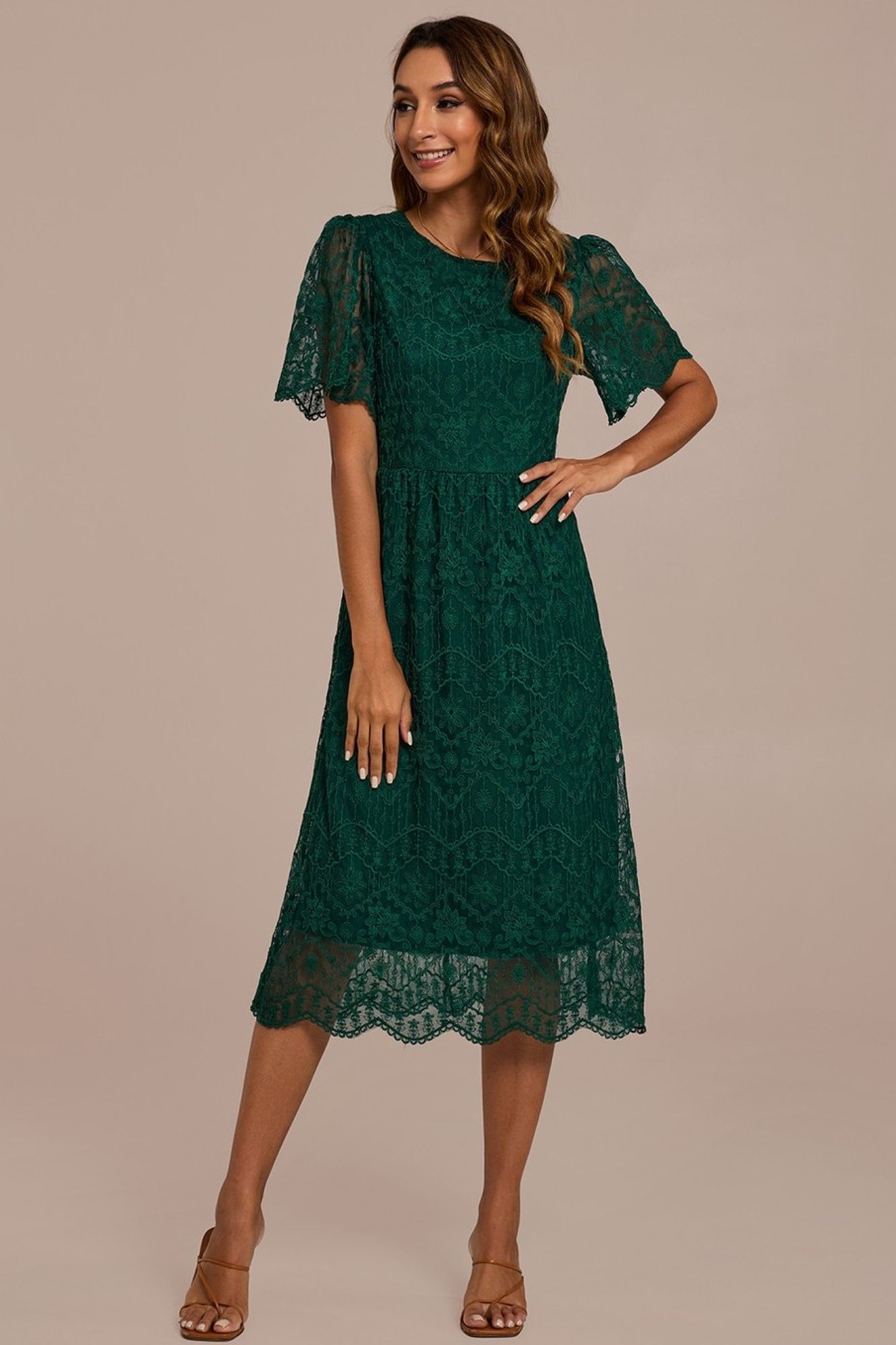 Hot Dark Floral Lace Short Sleeve Round Neck Midi Dress Green