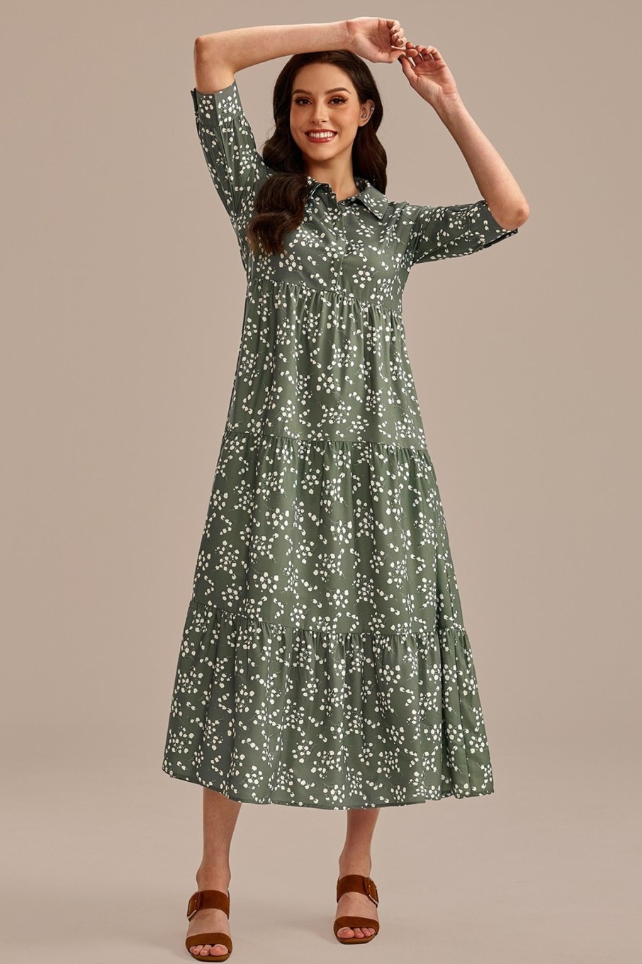 New Floral Half Sleeve V Neck Maxi Dress Green