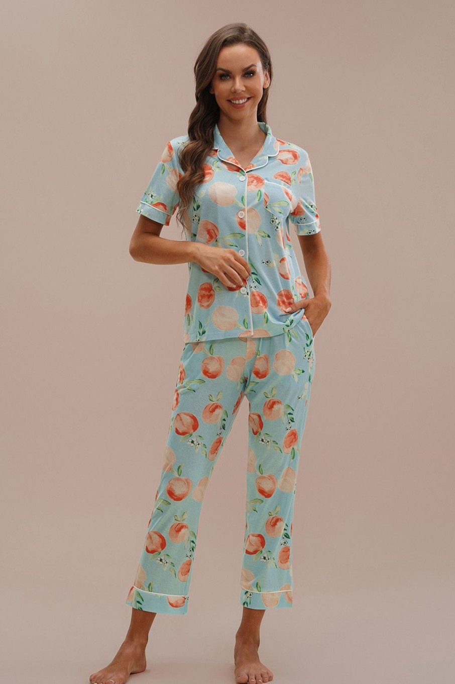 Online Peach Print Short Sleeve Collared Neck Buttons Pj Set Blue