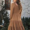 Best Long Sleeve With Elastic Cuffs Round Neck Shirring Mini Dress Camel