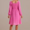 Wholesale Lantern Sleeve Square Neck Smocked Midi Dress Magenta