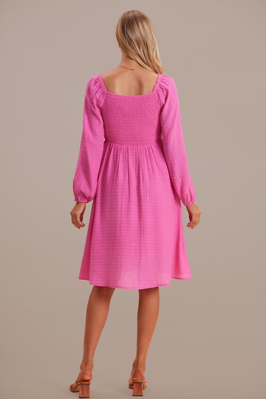 Wholesale Lantern Sleeve Square Neck Smocked Midi Dress Magenta