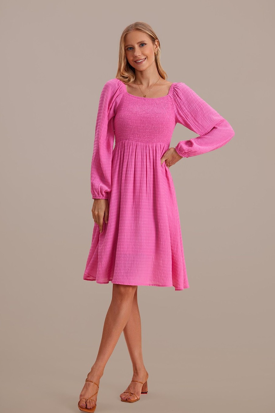 Wholesale Lantern Sleeve Square Neck Smocked Midi Dress Magenta