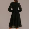 Wholesale Round Neck Elasticised Waist Long Sleeve Midi Dress Black