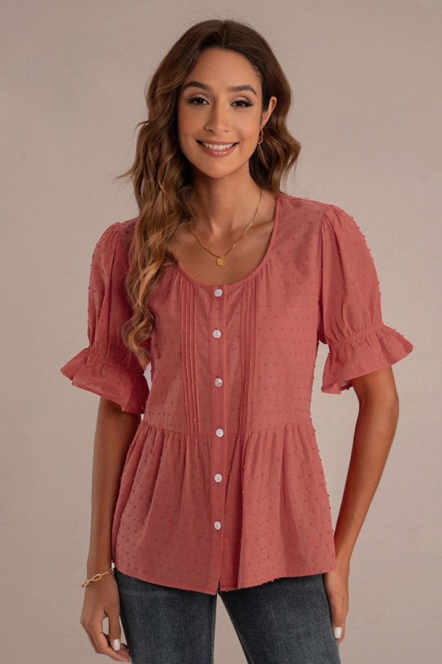 Best Swiss Dot Short Ruffle Sleeve Round Neck Button Top Rust