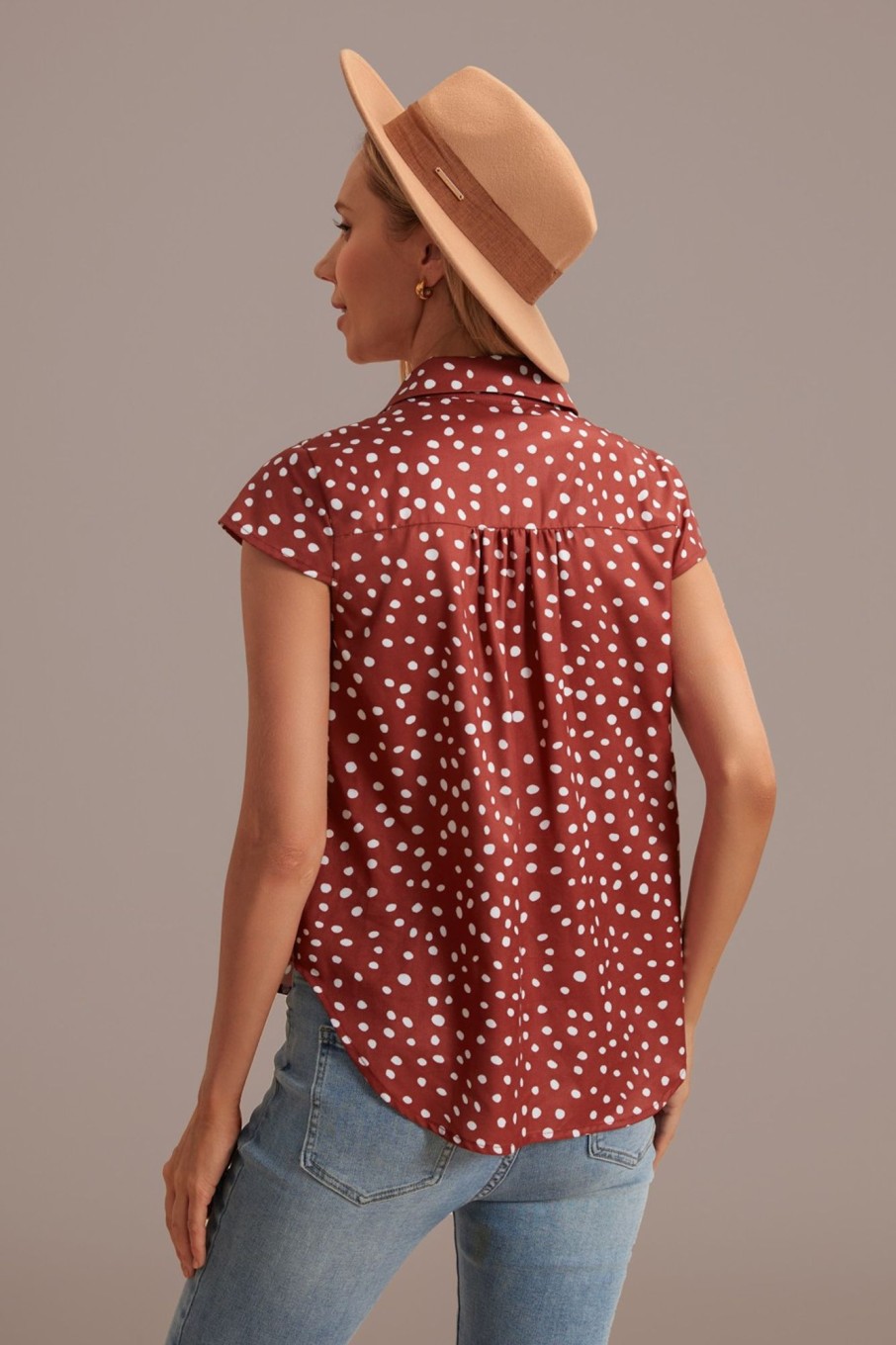 Online Collared Neck Short Sleeve Polka Dots Blouse Chocolate