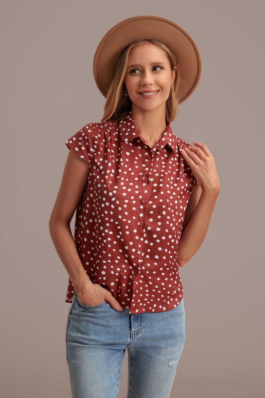 Online Collared Neck Short Sleeve Polka Dots Blouse Chocolate