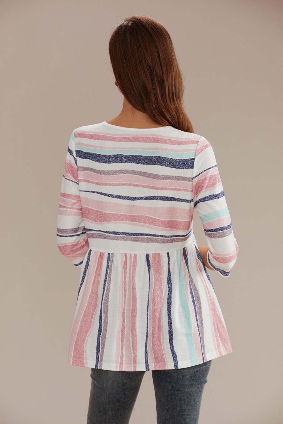 Best Stripe Round Neck 3/4 Sleeve Blouse Multi