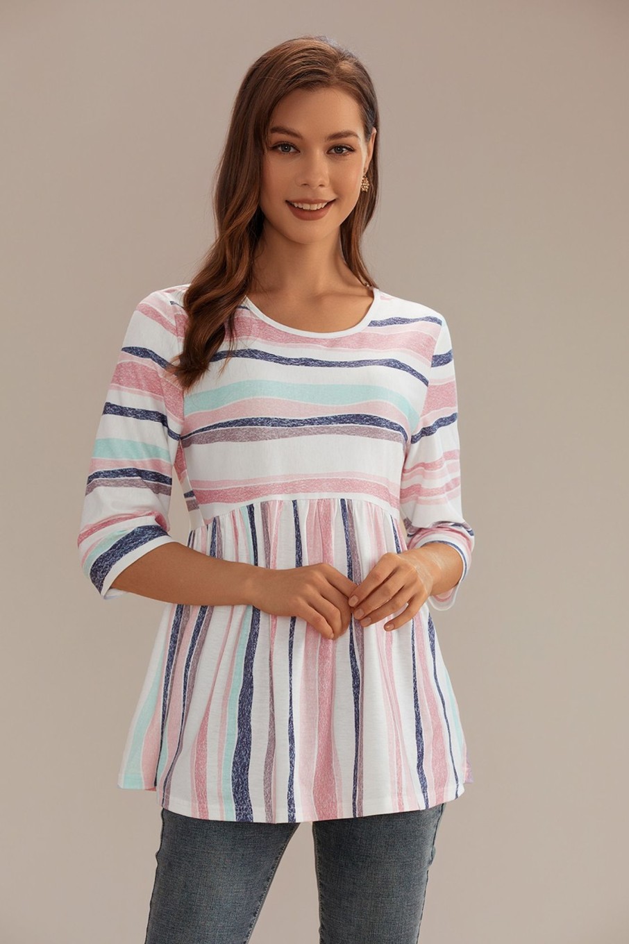 Best Stripe Round Neck 3/4 Sleeve Blouse Multi