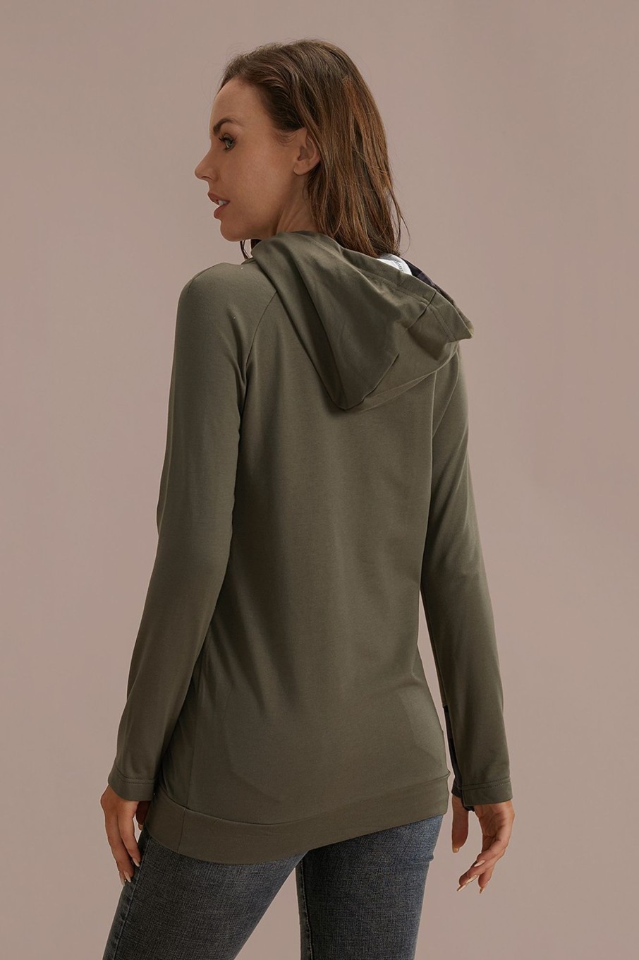 Clearance Long Sleeve Zipper Side Pockets Hoodie Green