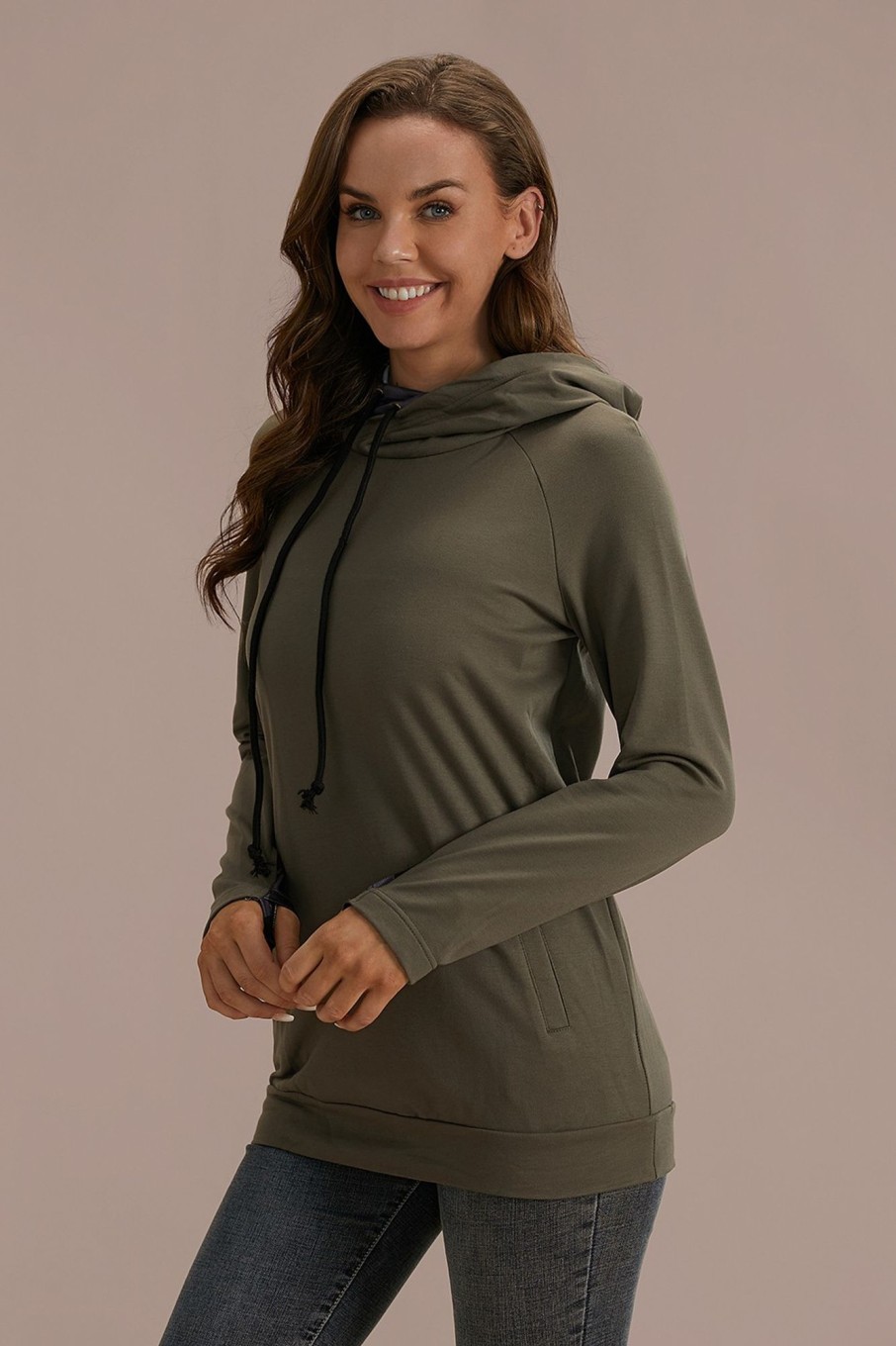 Clearance Long Sleeve Zipper Side Pockets Hoodie Green