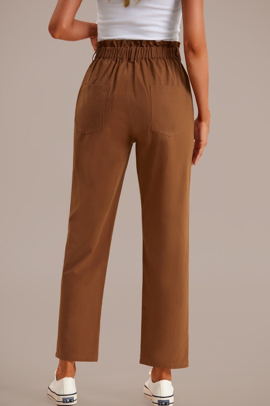 Online Smocked Waist Straight Leg Jeans Brown