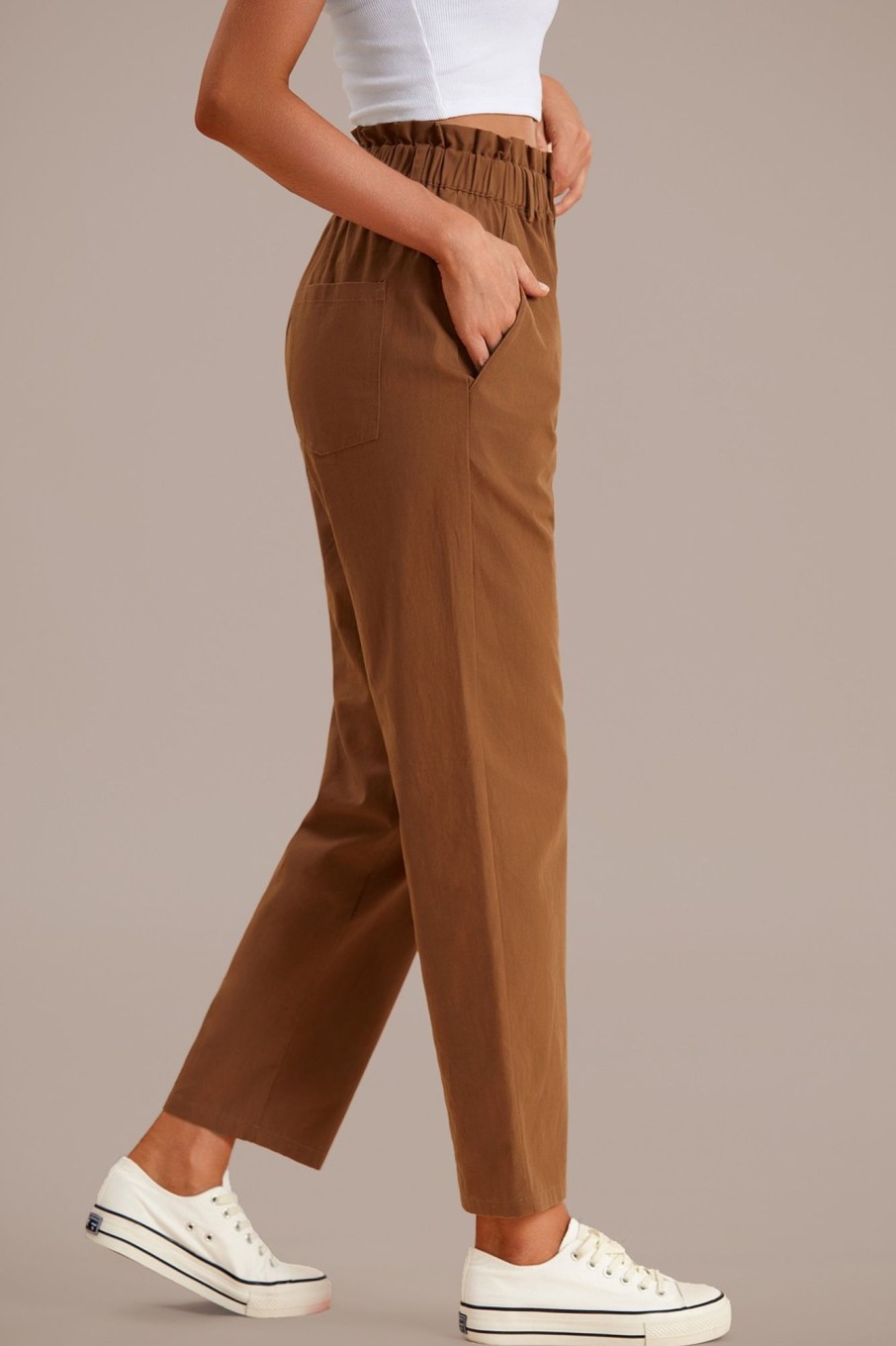 Online Smocked Waist Straight Leg Jeans Brown