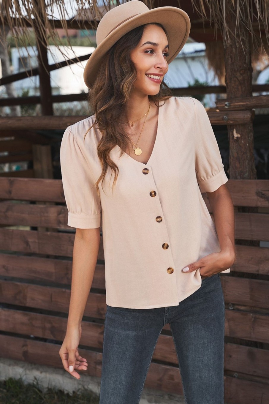 Best Short Puff Sleeve V Neck Buttons Blouse Wheat