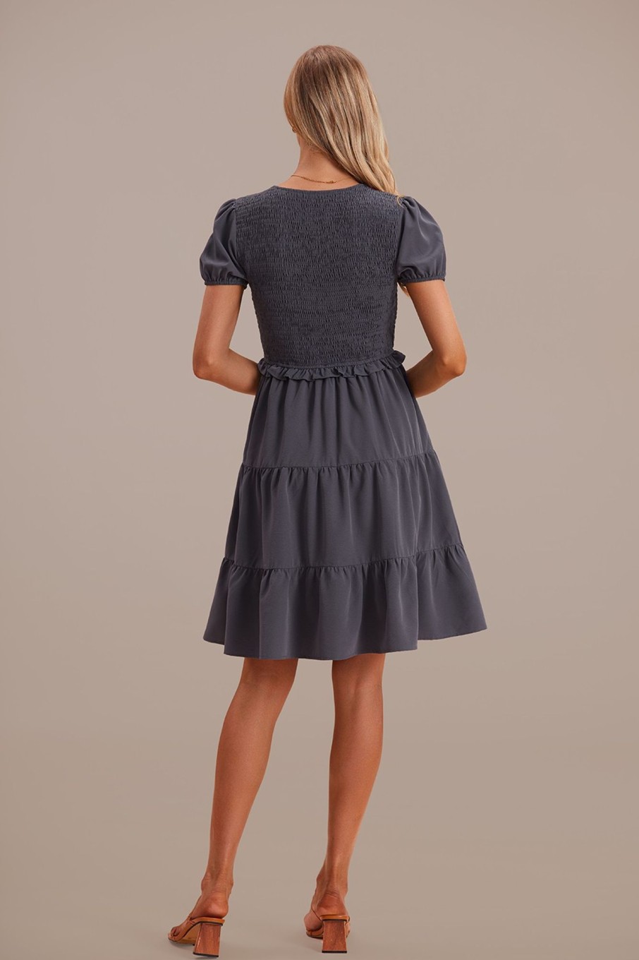 Wholesale Short Sleeve V Neck Smocked Tiered Mini Dress Gray