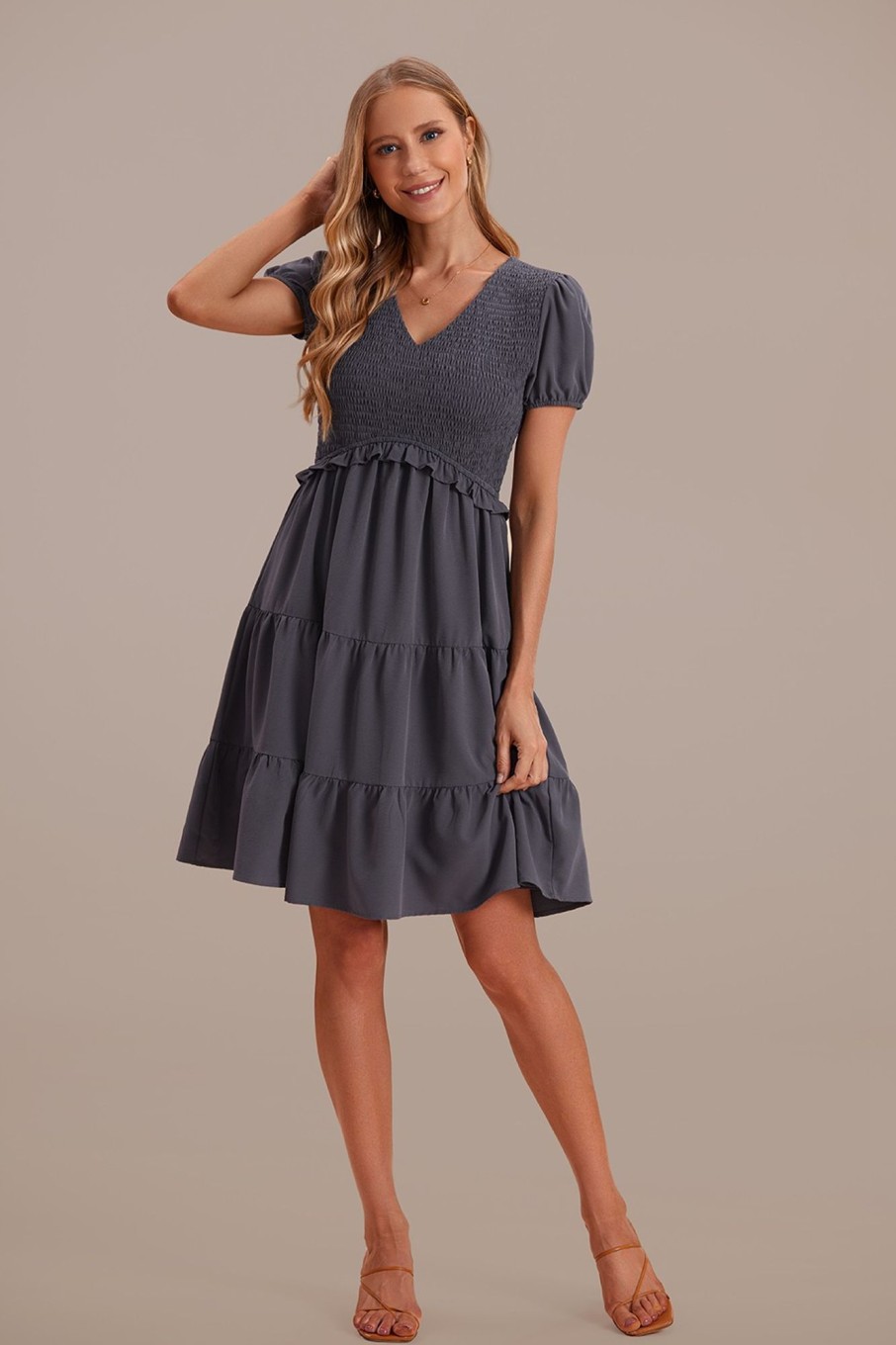 Wholesale Short Sleeve V Neck Smocked Tiered Mini Dress Gray