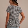 Best Plaid V Neck Button Front Smocked Top Black