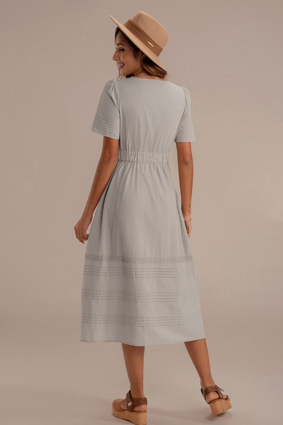 Clearance Short Sleeve Round Neck Button Cotton Midi Dress Sage