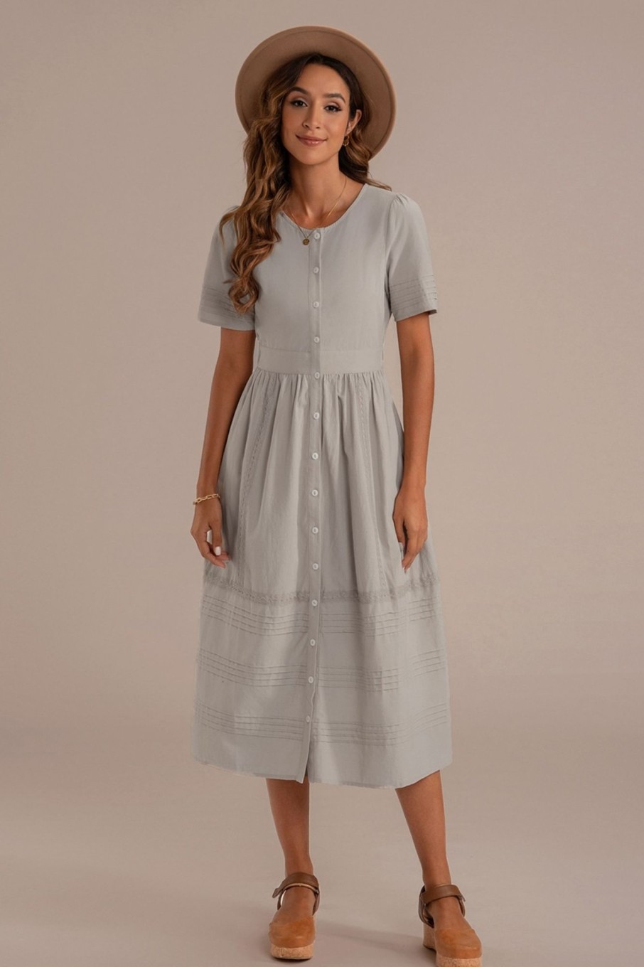 Clearance Short Sleeve Round Neck Button Cotton Midi Dress Sage