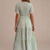 Online Floral Short Sleeve Ruffle Round Neck Smocked Tiered Maxi Dress Green