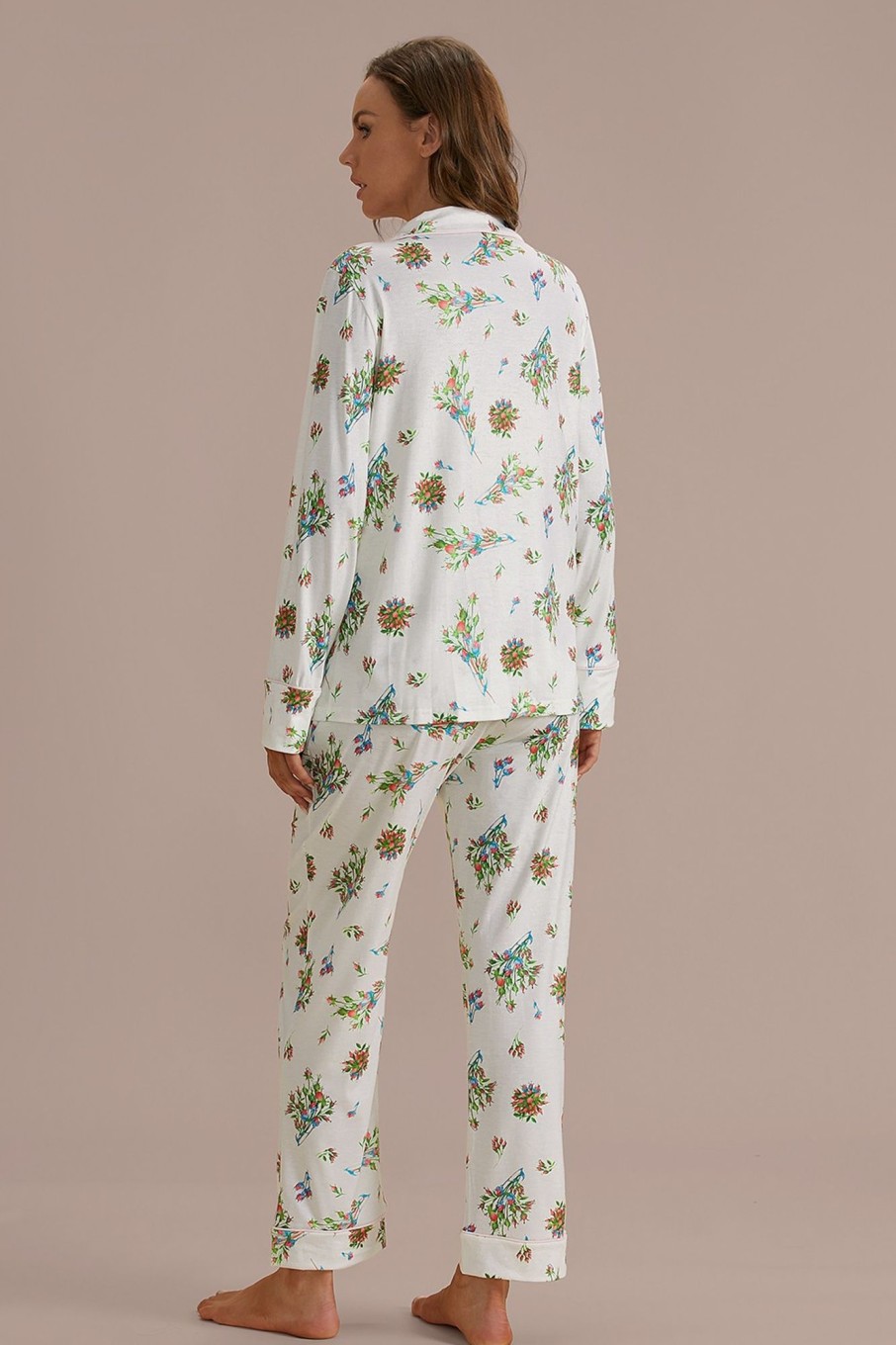 Hot Floral Long Sleeve Collared Neck Buttons Pj Set Cream