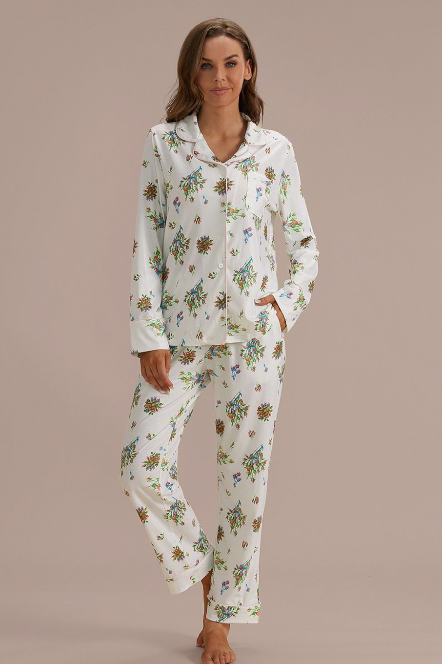 Hot Floral Long Sleeve Collared Neck Buttons Pj Set Cream