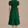 Online Short Puff Sleeve V Neck Smocked Midi Dress Green