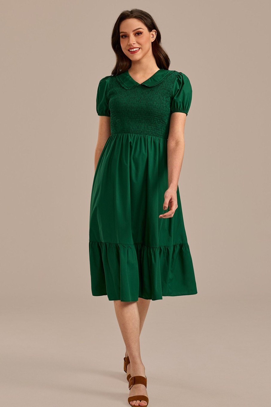 Online Short Puff Sleeve V Neck Smocked Midi Dress Green