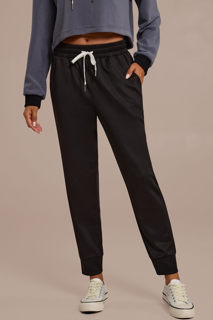 Wholesale Elastic Tie Waist Joggers With Pockets Black