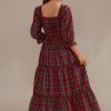 Clearance Plaid 3/4 Sleeve Square Neck Smocked Tie Maxi Dress Red