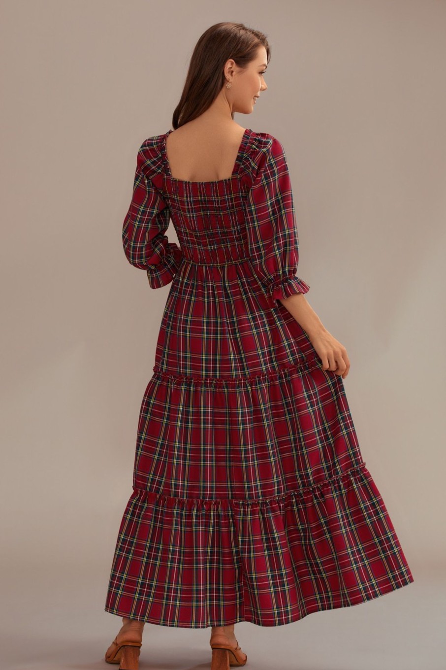 Clearance Plaid 3/4 Sleeve Square Neck Smocked Tie Maxi Dress Red