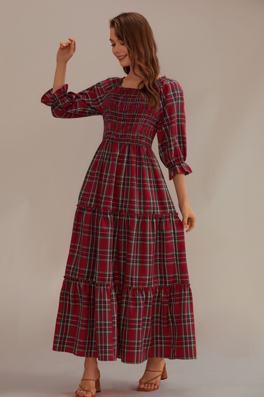 Clearance Plaid 3/4 Sleeve Square Neck Smocked Tie Maxi Dress Red