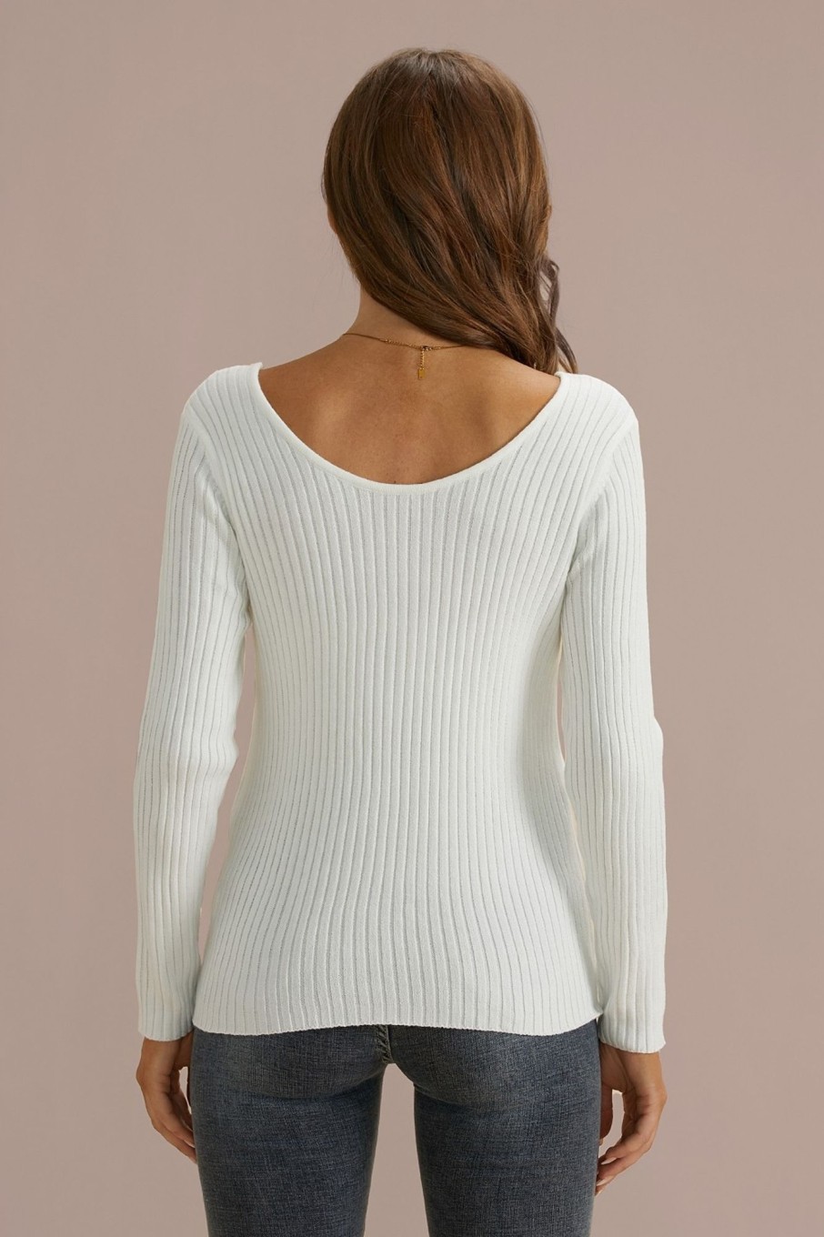 Clearance Long Sleeve V Neck Tight-Fitting Sweater White