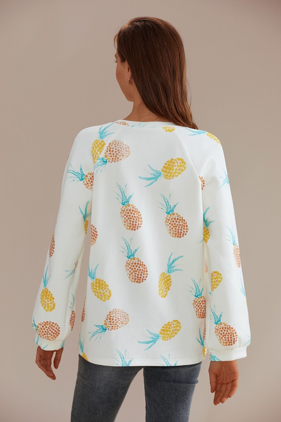 Best Pineapple Print Round Neck Long Sleeve Sweatshirt White