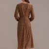 Best Polka Dots Long Sleeve Round Neck Midi Dress Brown