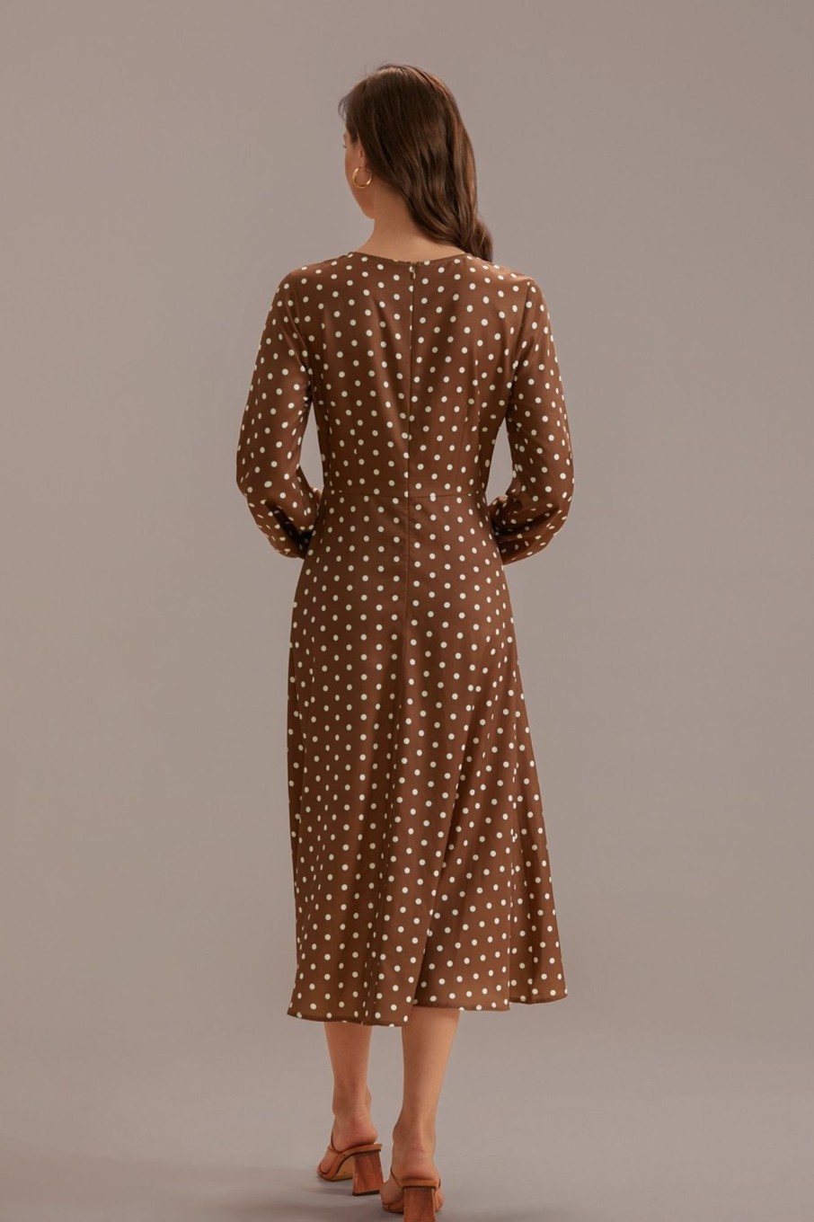 Best Polka Dots Long Sleeve Round Neck Midi Dress Brown