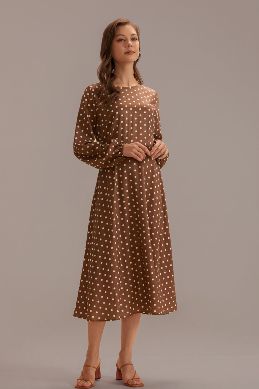 Best Polka Dots Long Sleeve Round Neck Midi Dress Brown