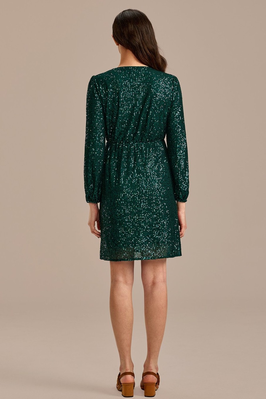 Wholesale Sequin Long Sleeve V Neck Tie Waist Midi Dress Green