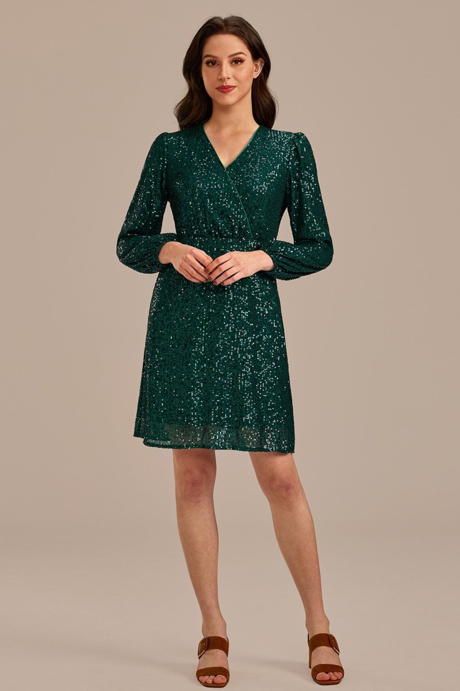 Wholesale Sequin Long Sleeve V Neck Tie Waist Midi Dress Green