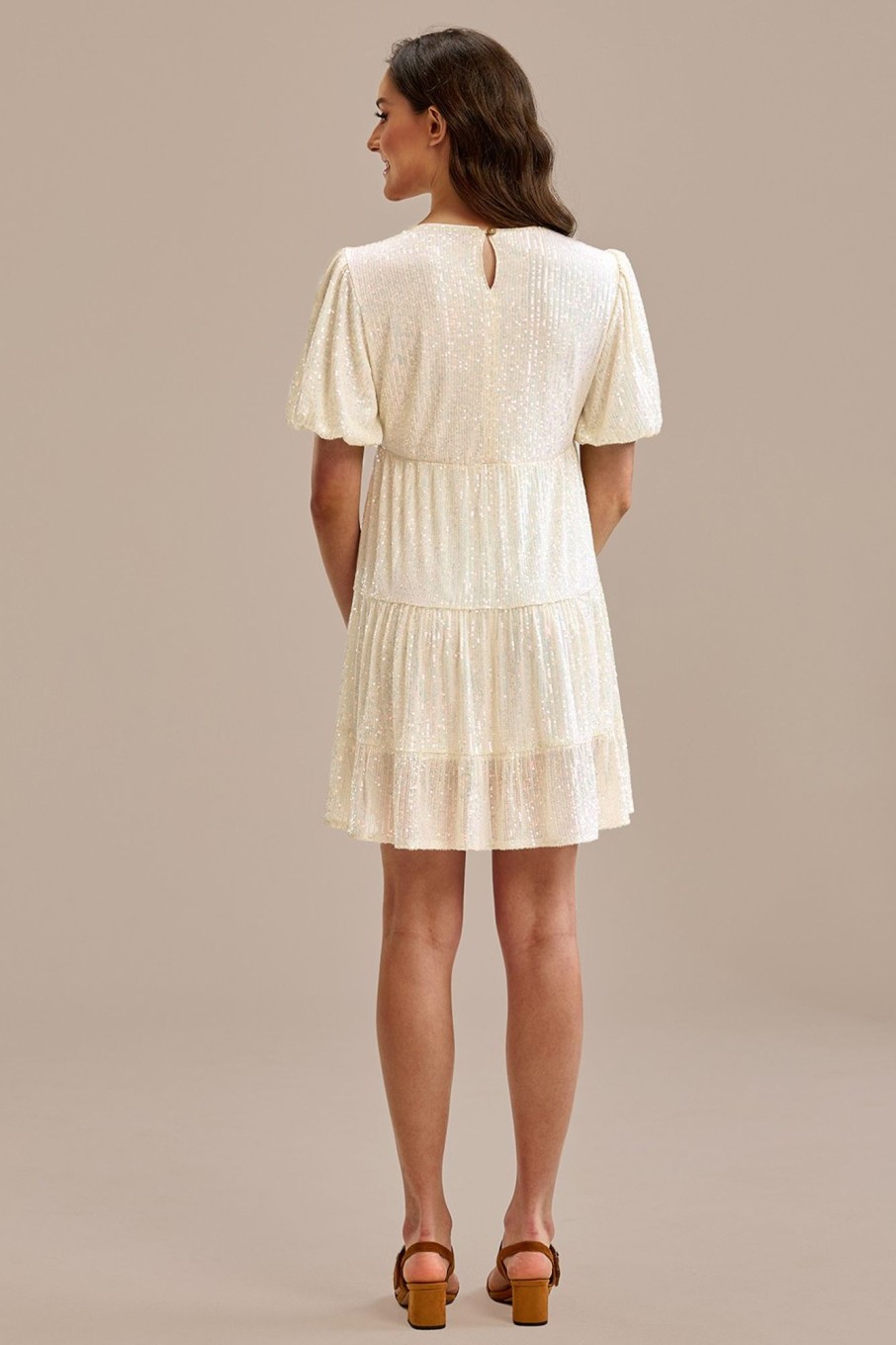 Online Sequin Short Puff Sleeve Round Neck Tiered Mini Dress Cream