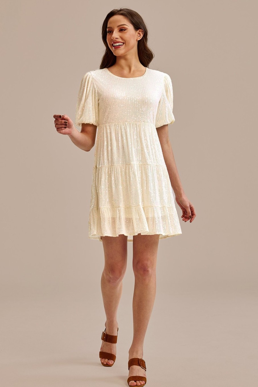 Online Sequin Short Puff Sleeve Round Neck Tiered Mini Dress Cream