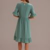 Online Swiss Dots Short Ruffle Sleeve Round Neck Midi Dress Mint Green