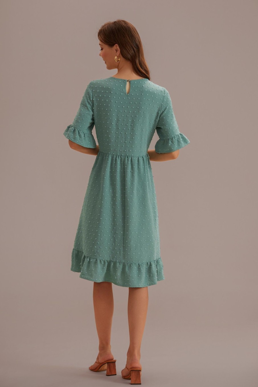 Online Swiss Dots Short Ruffle Sleeve Round Neck Midi Dress Mint Green