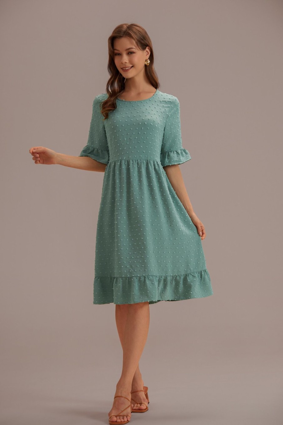 Online Swiss Dots Short Ruffle Sleeve Round Neck Midi Dress Mint Green