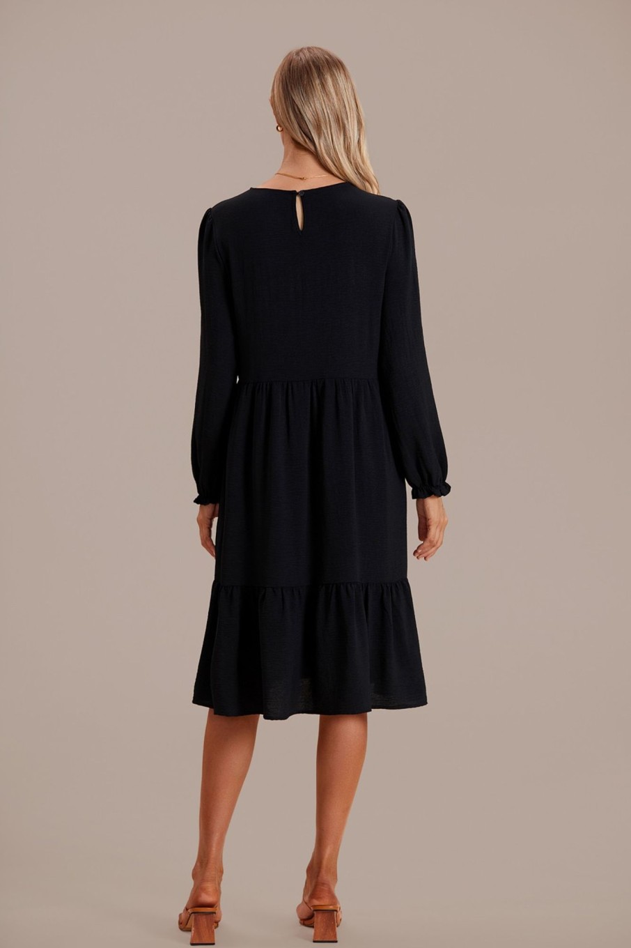 Best Long Sleeve Round Neck Midi Dress Black