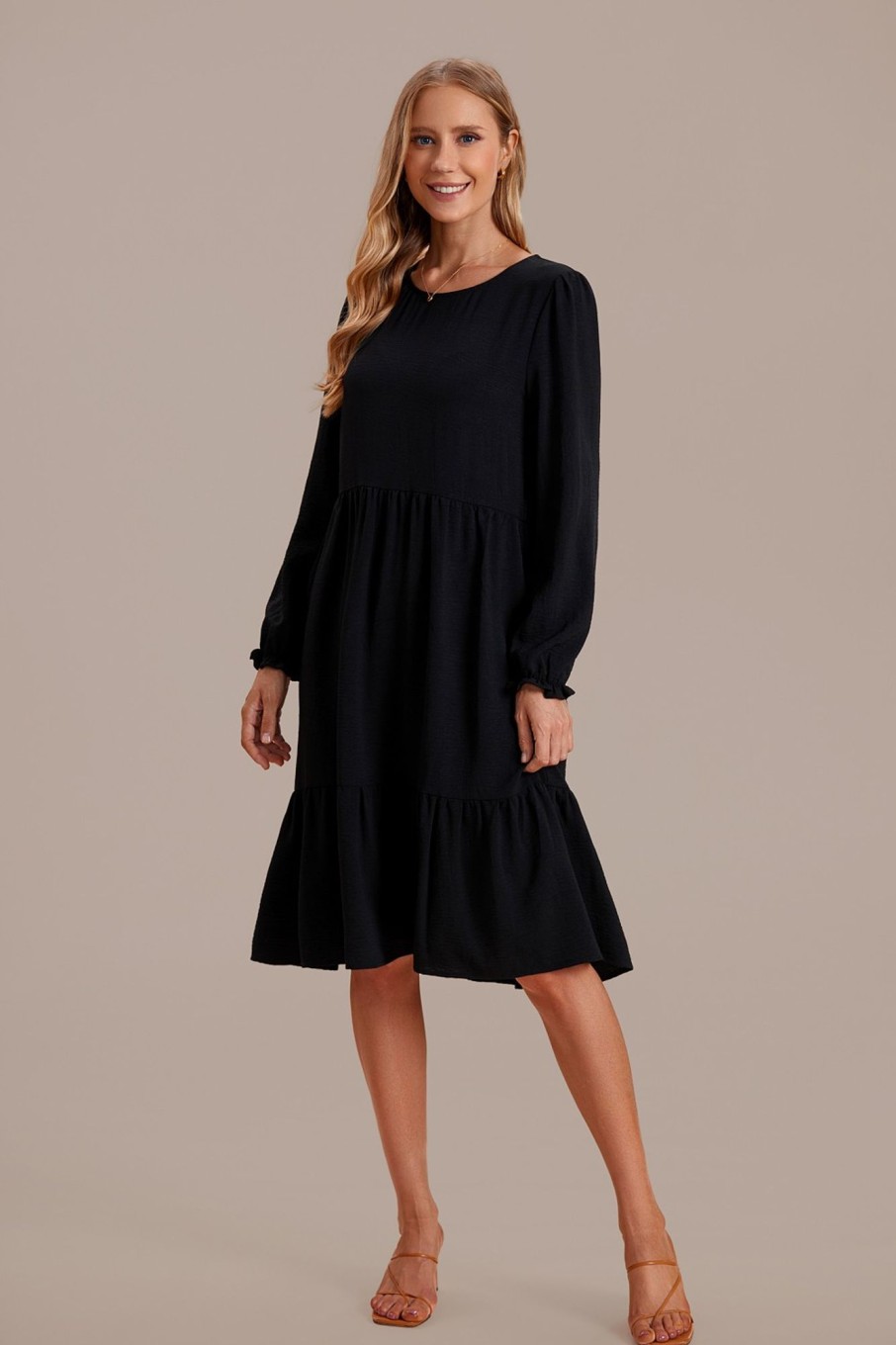 Best Long Sleeve Round Neck Midi Dress Black