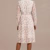 Best Floral Long Sleeve Round Neck Tie Up Pleat Midi Dress Multi