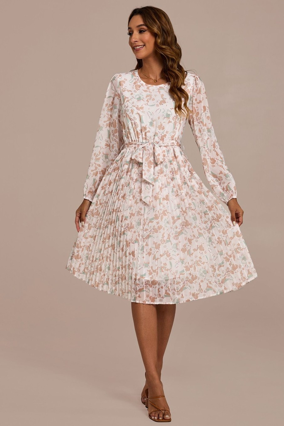 Best Floral Long Sleeve Round Neck Tie Up Pleat Midi Dress Multi